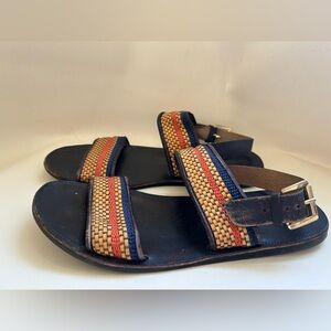 Zara Black Leather Sandals with Tan, Red & Blue Woven Straps